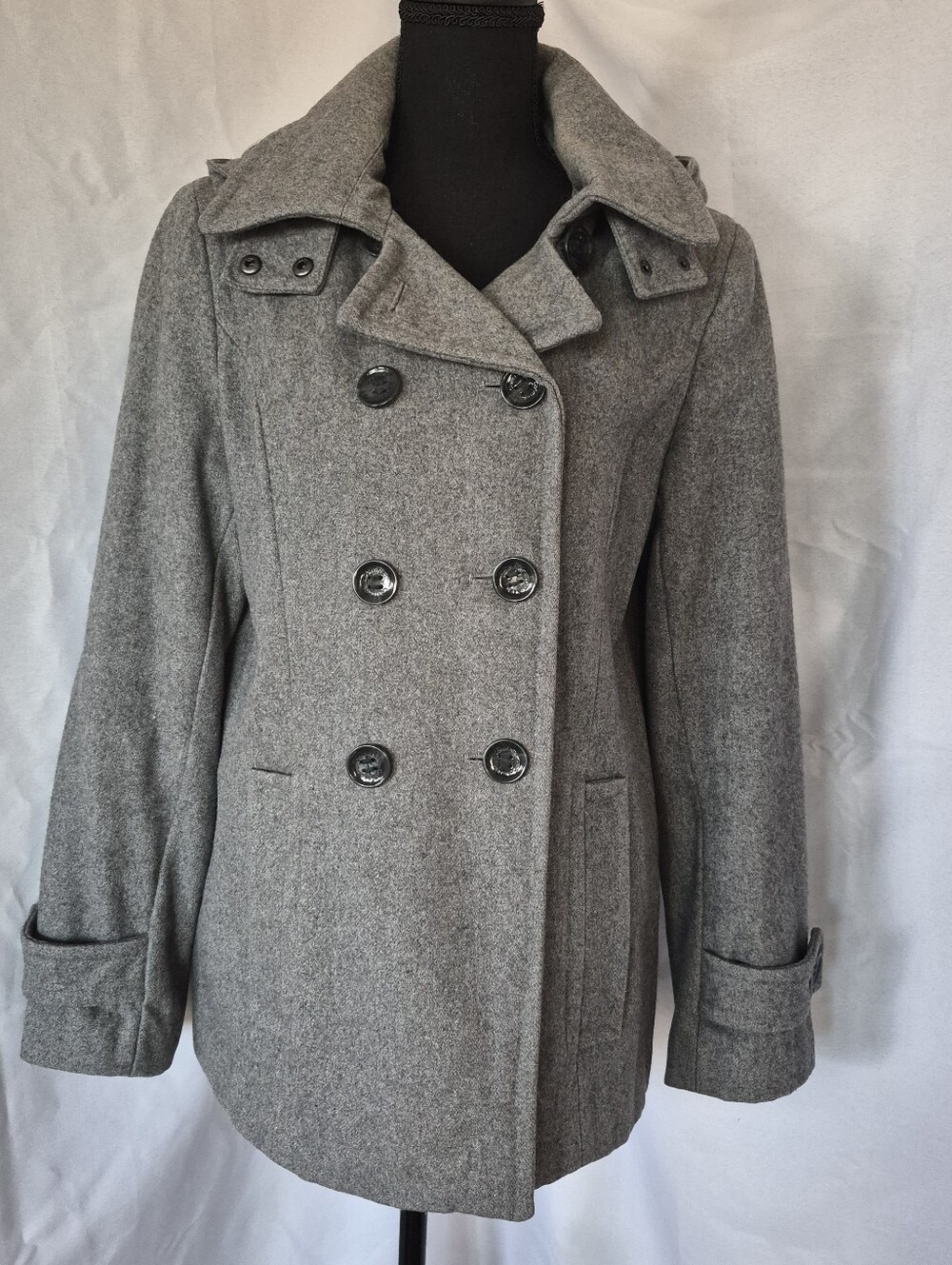 Calvin Klein Light Gray Double-Breasted Wool Peacoat Removable Hood